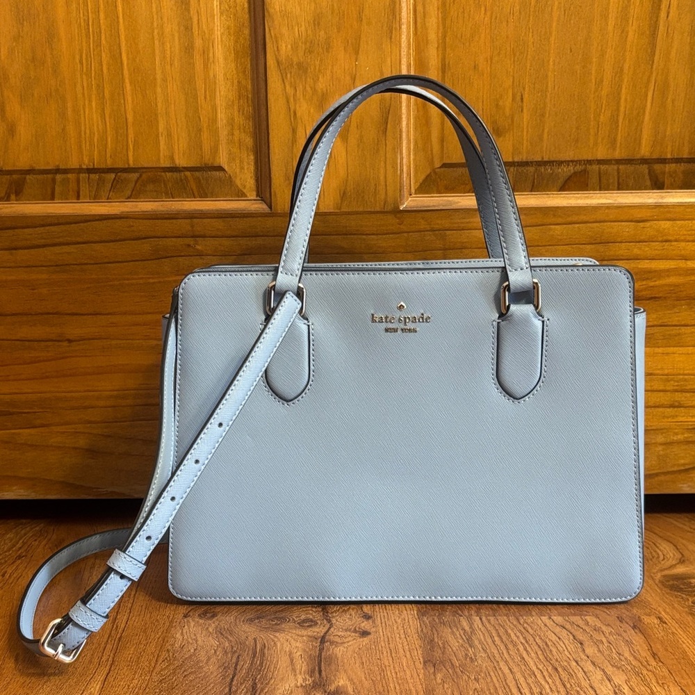 Kate Spade Laurel Way Reese satchel bag in Saffiano leather, light blue